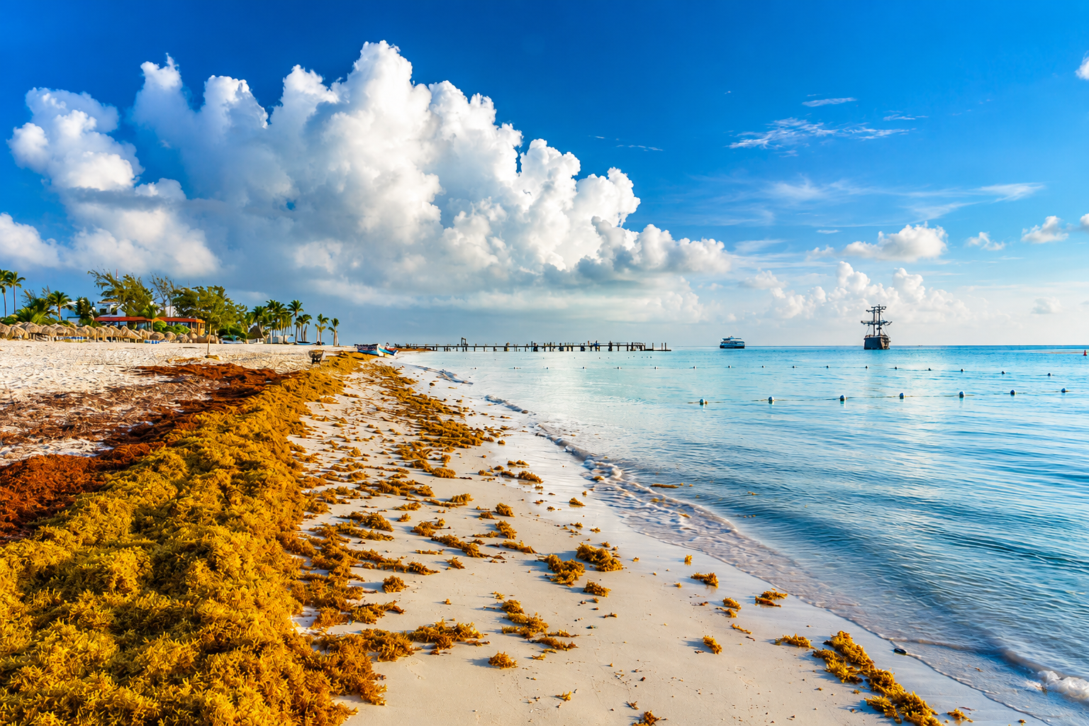 Playa del Caribe mexicano con sargazo acumulado en la orilla
